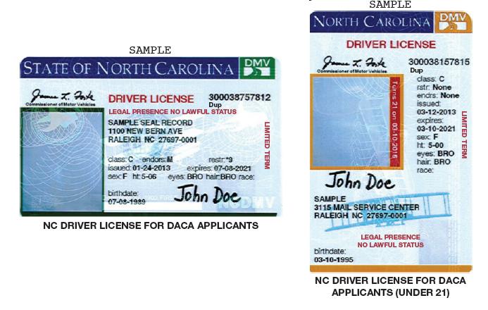 Sample of NC DACA Drivers License. Note the RED 'NO LAWFUL STATUS' displayed on the front of these.
